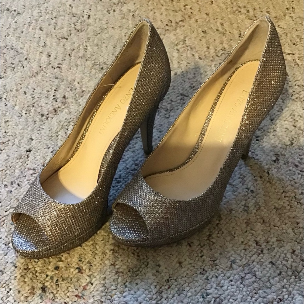 Enzo Angiolini Silver Peep-Toe Heels